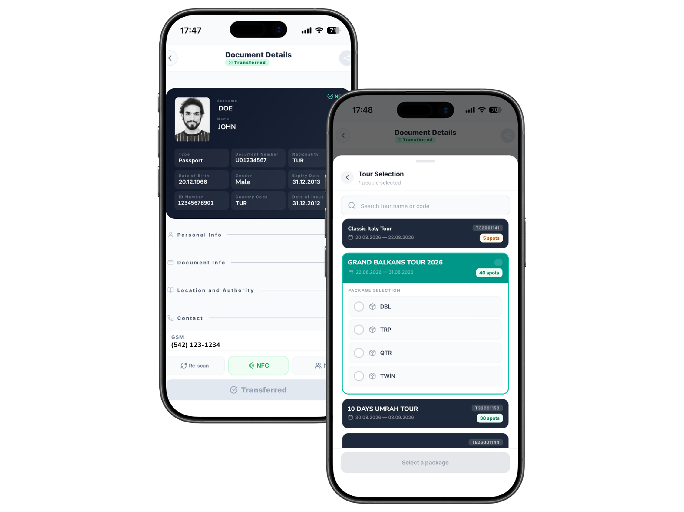 Document scanning and tour selection screens in the MRZ reader app