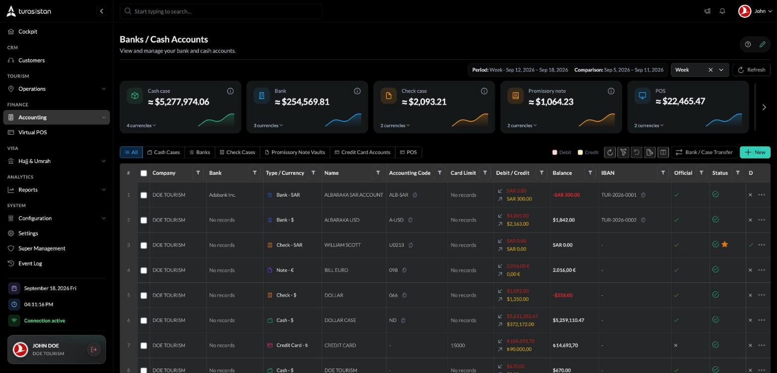 Accounting · cash & bank — Every safe, bank and currency, live.